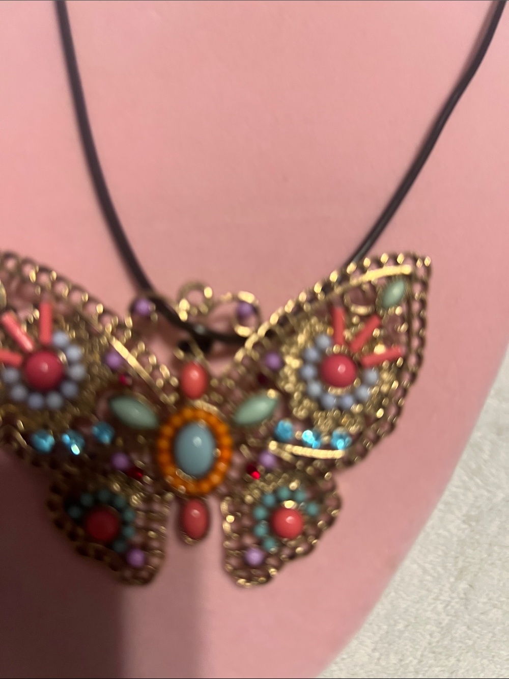 Colorful Butterfly Pendant Necklace - Pink, Turquoise & Coral